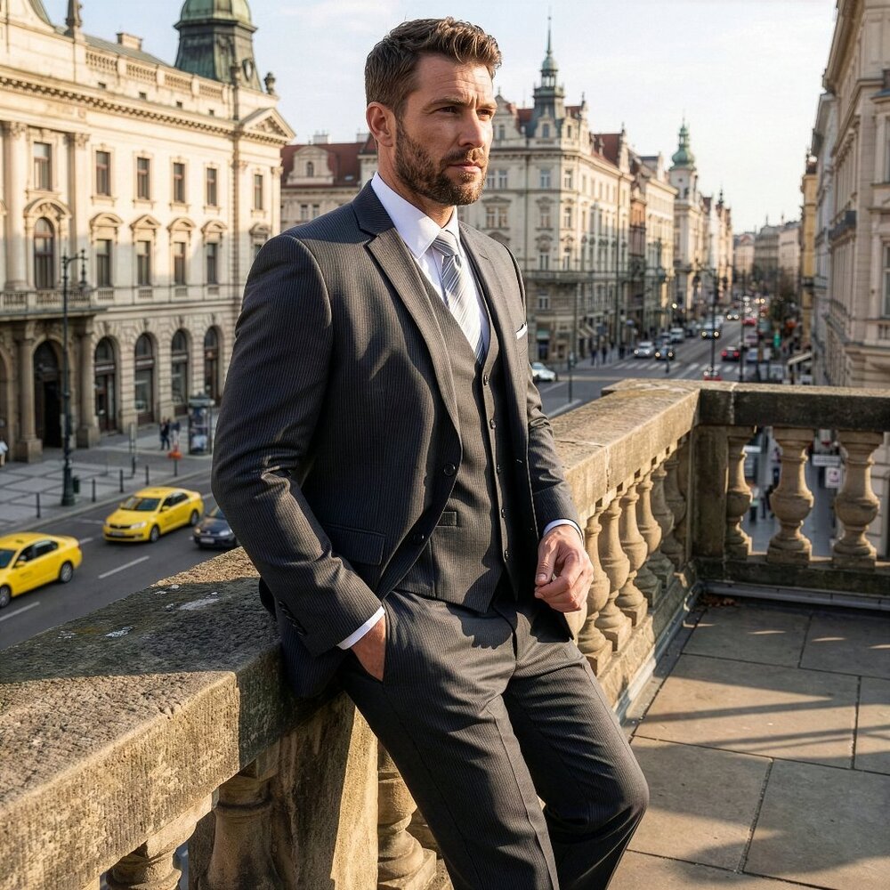 New 2026 Mens 2pc Subtle 2 Tone Pinstriped Dark Grey Suit Set, Slim Fit